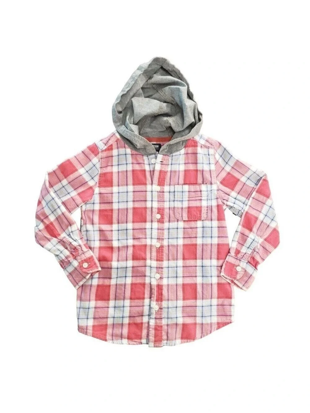 OshKosh Boys Size 7 Plaid Hooded Shirt Red Blue Button Down